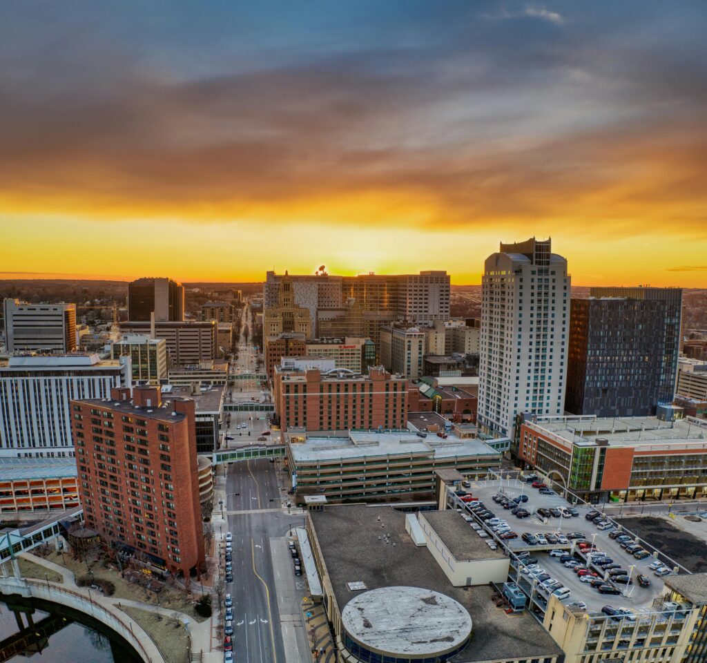 Stunning aerial cityscape of Rochester, Minnesota, at sunset showcasing modern architecture.