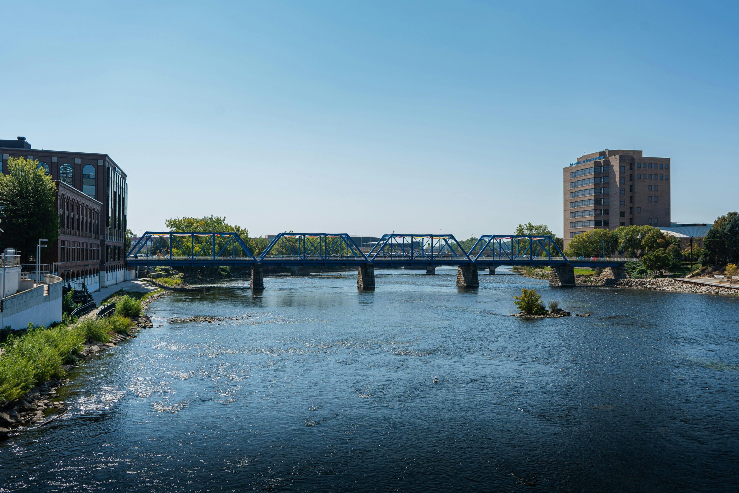 Scenic view of the iconic Blue Bridge crossing the river in Grand Rapids, Michigan.